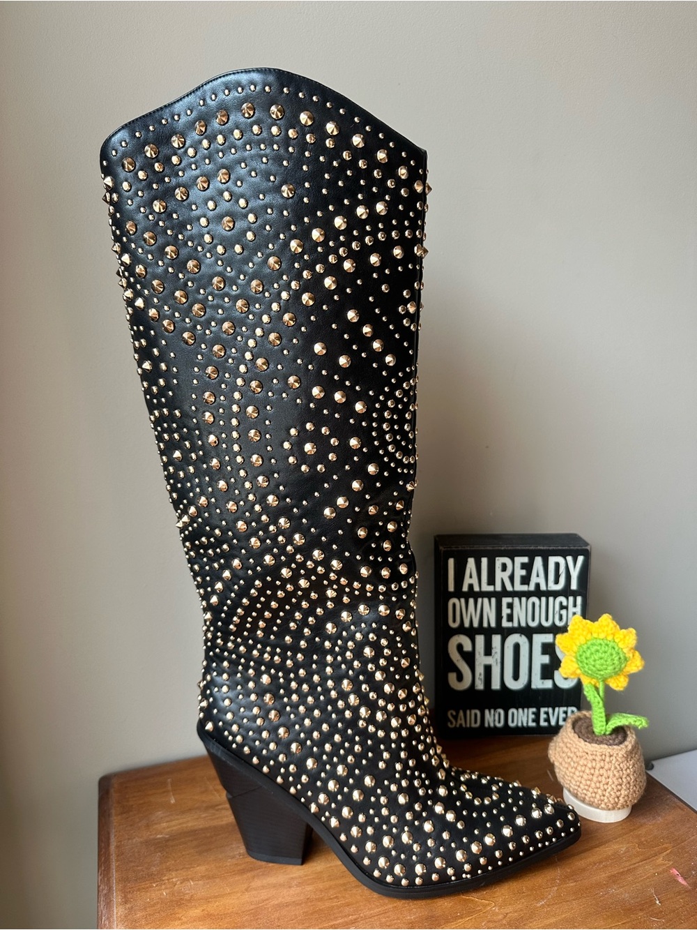 Studded Black Heeled Knee-High Boots - Elegant Western Style - Picture 2 of 6